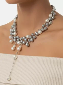 Multi Size Pearl Cluster Choker Y Drop Tassel Adjustable Extension Chain