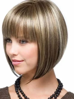Natural Flaxen Heat Resistant Fiber Wigs 2026 Women Short Wig With Bangs
