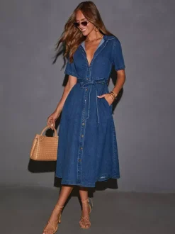 Navy Blue Denim Short Sleeve Midi Dress For Women Classic Casual