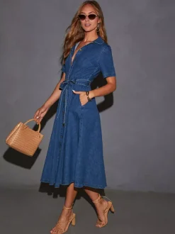 Navy Blue Denim Short Sleeve Midi Dress For Women Classic Casual