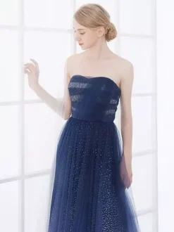 Navy Blue Wedding Dress Strapless Sleeveless Lace Up Floor Length Lace Tulle A Line Bridal Gowns Free Customization