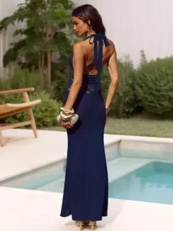 Navy Blue Halter Women's Maxi Dress - Asymmetric Lace Patchwork Backless Gown - Sexy Bodycon Summer Birthday Party Wear 2026