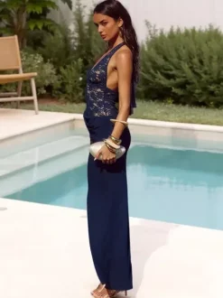Navy Blue Halter Women's Maxi Dress - Asymmetric Lace Patchwork Backless Gown - Sexy Bodycon Summer Birthday Party Wear 2026