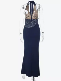 Navy Blue Halter Women's Maxi Dress - Asymmetric Lace Patchwork Backless Gown - Sexy Bodycon Summer Birthday Party Wear 2026