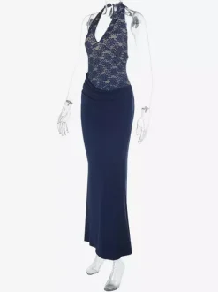 Navy Blue Halter Women's Maxi Dress - Asymmetric Lace Patchwork Backless Gown - Sexy Bodycon Summer Birthday Party Wear 2026