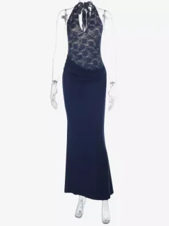 Navy Blue Halter Women's Maxi Dress - Asymmetric Lace Patchwork Backless Gown - Sexy Bodycon Summer Birthday Party Wear 2026