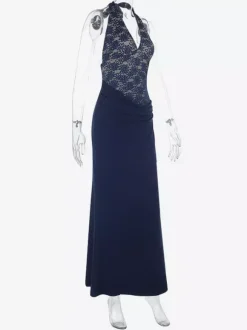 Navy Blue Halter Women's Maxi Dress - Asymmetric Lace Patchwork Backless Gown - Sexy Bodycon Summer Birthday Party Wear 2026