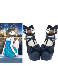 Navy Blue Lolita Chunky Pony Heels Shoes Platform Ankle Straps Bows Heart Shape Buckles