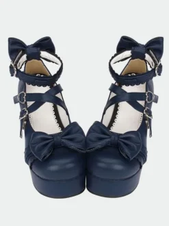 Navy Blue Lolita Chunky Pony Heels Shoes Platform Ankle Straps Bows Heart Shape Buckles