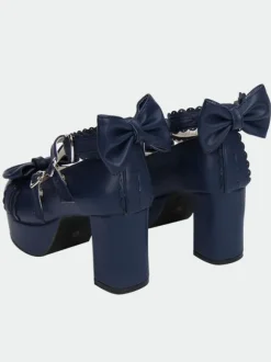 Navy Blue Lolita Chunky Pony Heels Shoes Platform Ankle Straps Bows Heart Shape Buckles