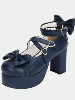 Navy Blue Lolita Chunky Pony Heels Shoes Platform Ankle Straps Bows Heart Shape Buckles
