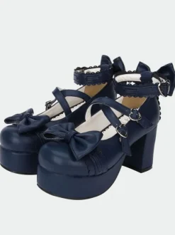 Navy Blue Lolita Chunky Pony Heels Shoes Platform Ankle Straps Bows Heart Shape Buckles