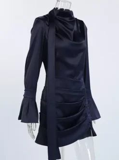 Navy Blue Satin Mini Dress For Women - Elegant Ruched Stand Collar Flare Sleeve - Spring Cocktail Party 2026