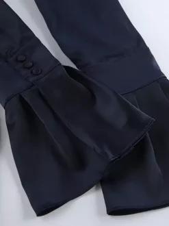 Navy Blue Satin Mini Dress For Women - Elegant Ruched Stand Collar Flare Sleeve - Spring Cocktail Party 2026