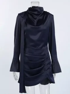 Navy Blue Satin Mini Dress For Women - Elegant Ruched Stand Collar Flare Sleeve - Spring Cocktail Party 2026