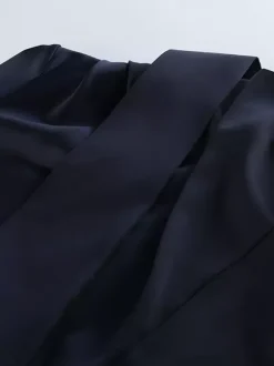 Navy Blue Satin Mini Dress For Women - Elegant Ruched Stand Collar Flare Sleeve - Spring Cocktail Party 2026