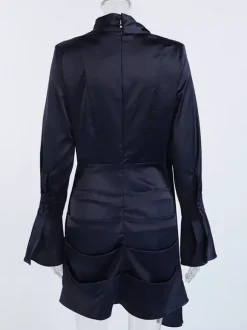 Navy Blue Satin Mini Dress For Women - Elegant Ruched Stand Collar Flare Sleeve - Spring Cocktail Party 2026