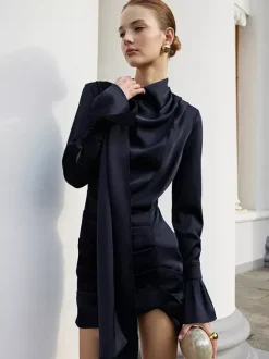 Navy Blue Satin Mini Dress For Women - Elegant Ruched Stand Collar Flare Sleeve - Spring Cocktail Party 2026