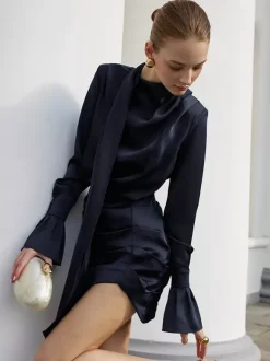 Navy Blue Satin Mini Dress For Women - Elegant Ruched Stand Collar Flare Sleeve - Spring Cocktail Party 2026