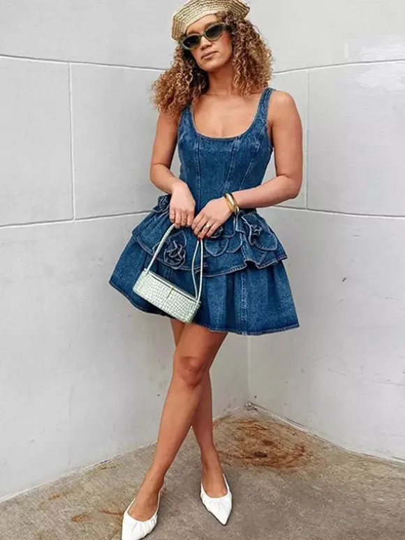 Navy Blue Sleeveless Denim Mini Dress With Ruffle Hem For Women