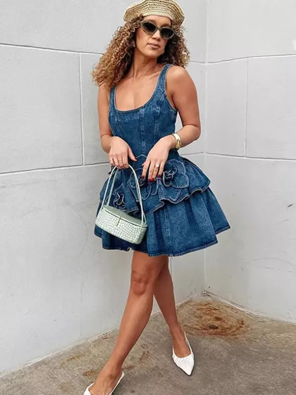 Navy Blue Sleeveless Denim Mini Dress With Ruffle Hem For Women