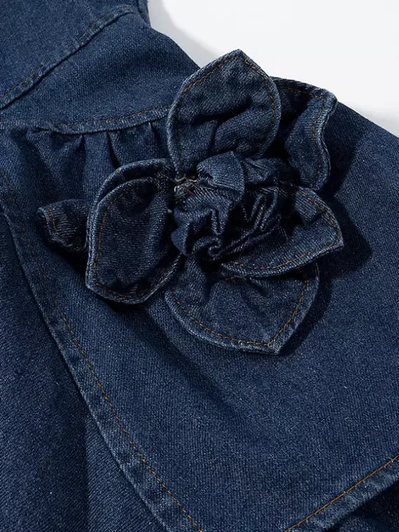 Navy Blue Sleeveless Denim Mini Dress With Ruffle Hem For Women