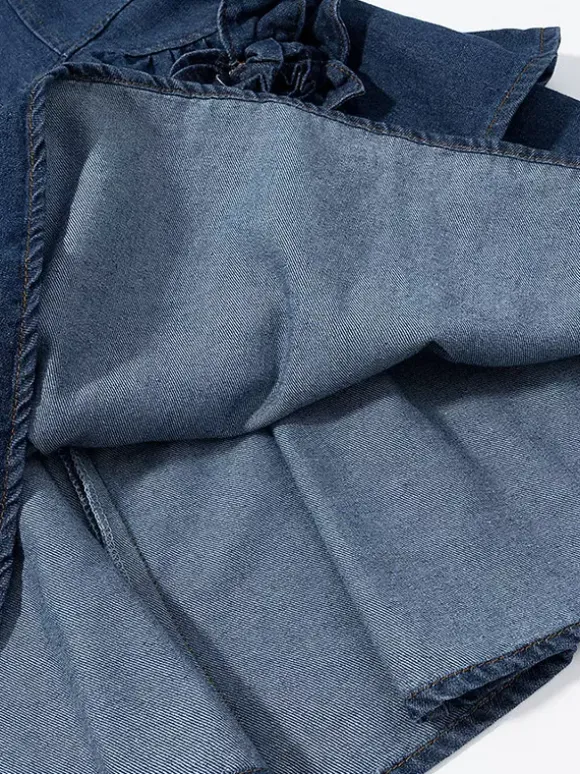Navy Blue Sleeveless Denim Mini Dress With Ruffle Hem For Women