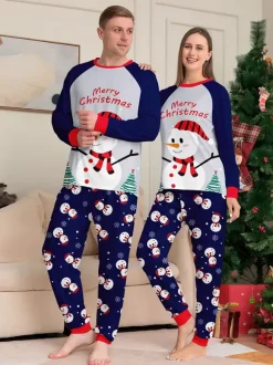 Navy Blue Snowman Merry Christmas Family Pajamas With Red Trim 2026