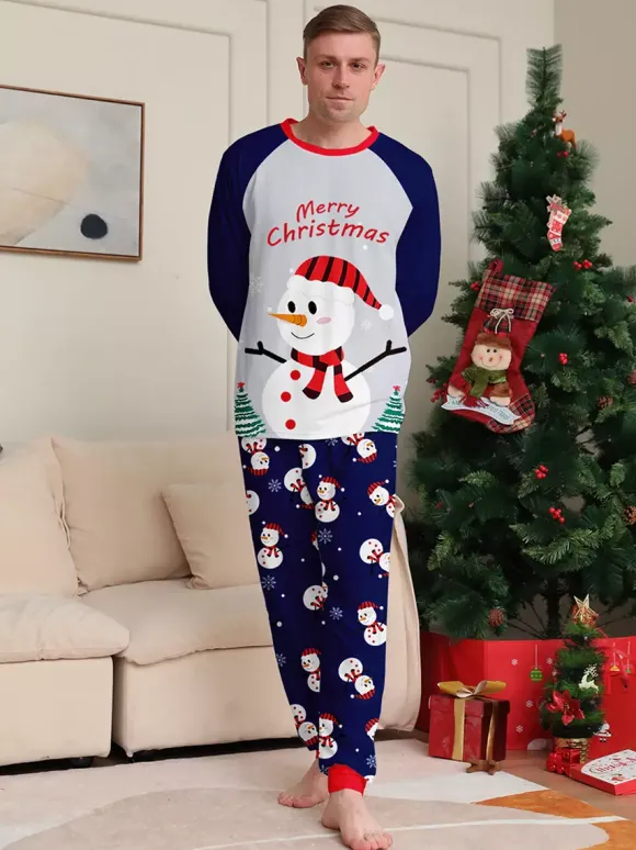Navy Blue Snowman Merry Christmas Family Pajamas With Red Trim 2026