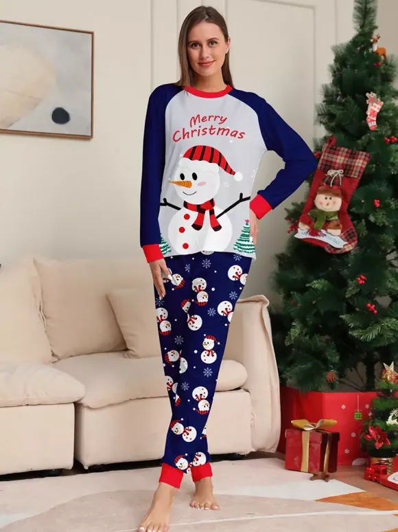 Navy Blue Snowman Merry Christmas Family Pajamas With Red Trim 2026