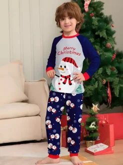 Navy Blue Snowman Merry Christmas Family Pajamas With Red Trim 2026