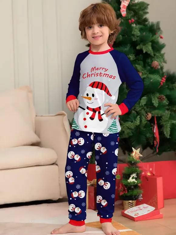 Navy Blue Snowman Merry Christmas Family Pajamas With Red Trim 2026