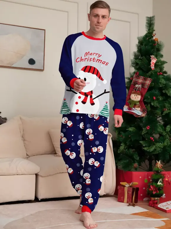 Navy Blue Snowman Merry Christmas Family Pajamas With Red Trim 2026