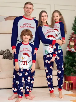 Navy Blue Snowman Merry Christmas Family Pajamas With Red Trim 2026