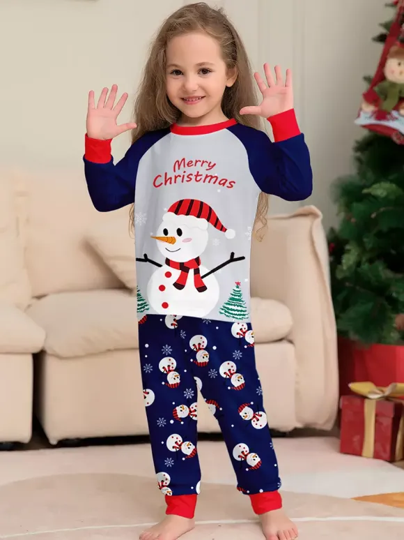 Navy Blue Snowman Merry Christmas Family Pajamas With Red Trim 2026