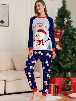 Navy Blue Snowman Merry Christmas Family Pajamas With Red Trim 2026