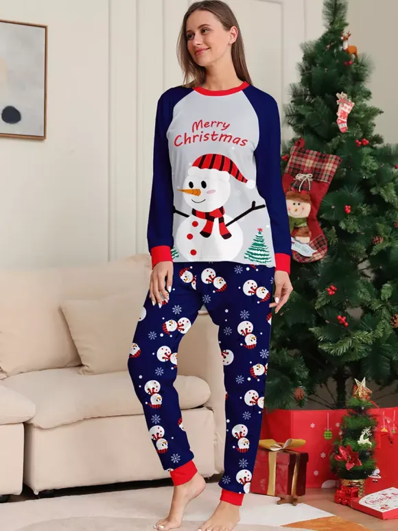 Navy Blue Snowman Merry Christmas Family Pajamas With Red Trim 2026