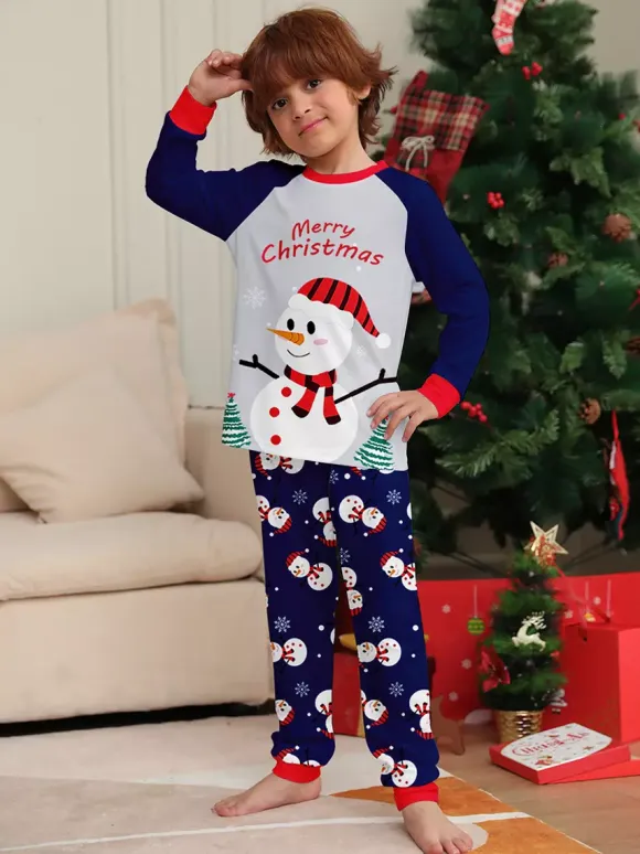 Navy Blue Snowman Merry Christmas Family Pajamas With Red Trim 2026