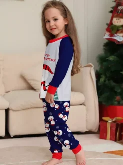 Navy Blue Snowman Merry Christmas Family Pajamas With Red Trim 2026