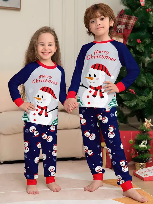 Navy Blue Snowman Merry Christmas Family Pajamas With Red Trim 2026