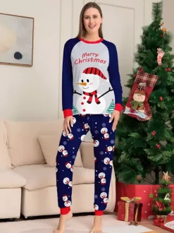 Navy Blue Snowman Merry Christmas Family Pajamas With Red Trim 2026