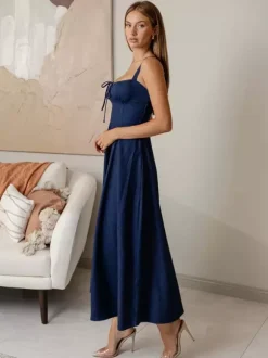 Navy Blue Square Neck Spaghetti Strap Midi Dress For Women Classic Elegance