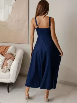 Navy Blue Square Neck Spaghetti Strap Midi Dress For Women Classic Elegance