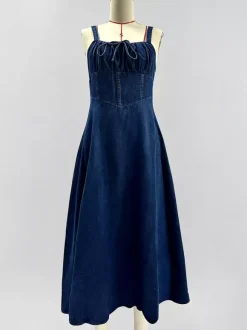 Navy Blue Square Neck Spaghetti Strap Midi Dress For Women Classic Elegance