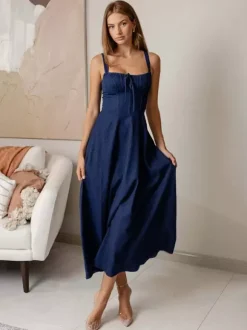 Navy Blue Square Neck Spaghetti Strap Midi Dress For Women Classic Elegance