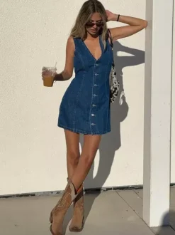 Navy Blue V Neck Sleeveless Denim Mini Dress For Women Retro Chic