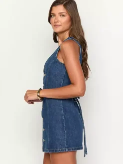 Navy Blue V Neck Sleeveless Denim Mini Dress For Women Retro Chic