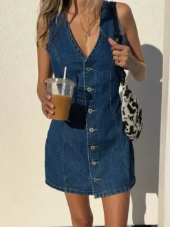 Navy Blue V Neck Sleeveless Denim Mini Dress For Women Retro Chic