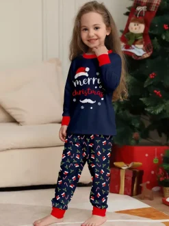 Navy Red Merry Christmas Family Pajamas Candy Cane Print 2026