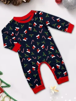 Navy Red Merry Christmas Family Pajamas Candy Cane Print 2026